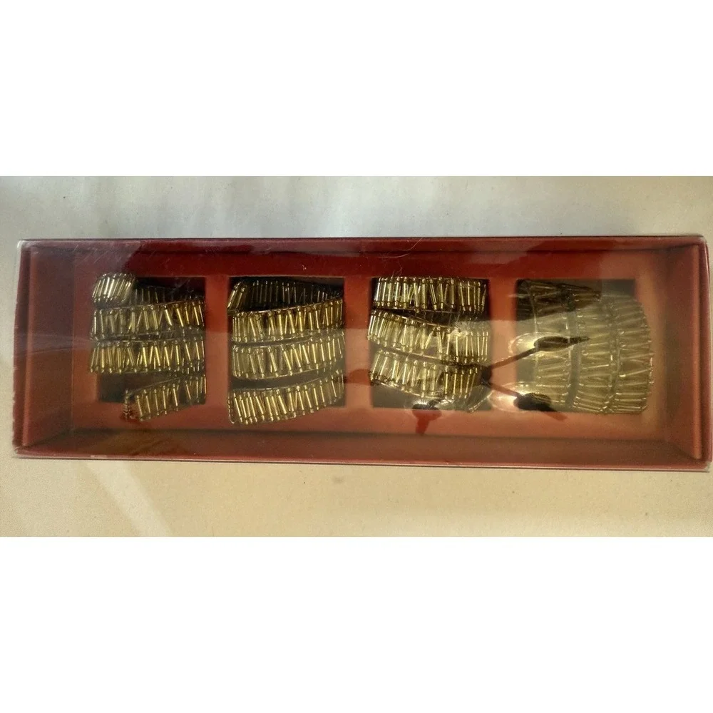 Vintage Pier 1 Gold Beaded Spiral Napkin Rings Ring Set of 4 NOS